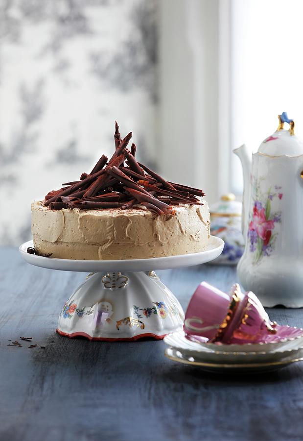Mocha Layer Cake With Chocolate Curls Photograph by Peter Garten