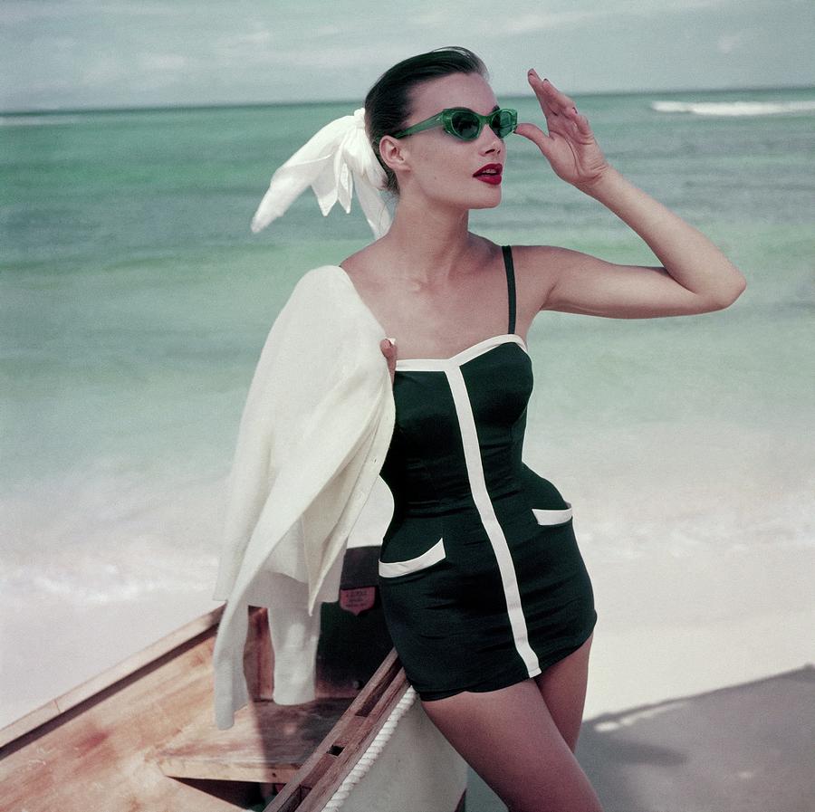 Model At The Beach In Cat-eye Sunglasses Digital Art by Roger Prigent