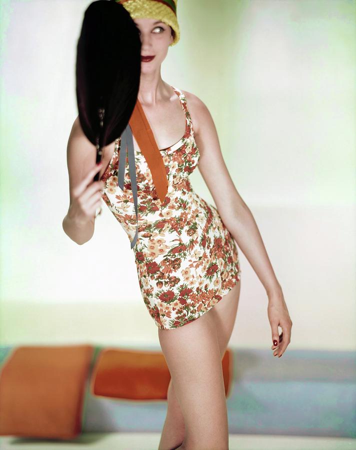 Model In A Floral Swimsuit Photograph by Horst P. Horst