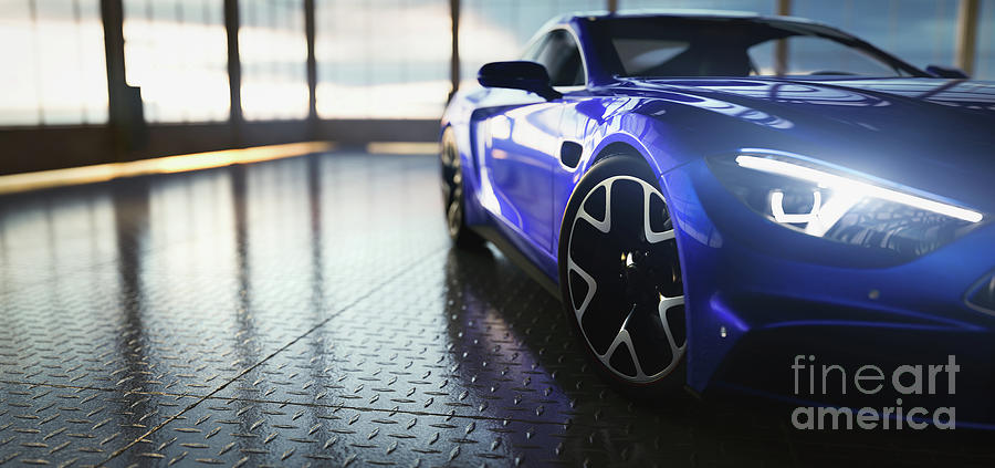 Modern Blue Coupe Sports Car In Showroom Photograph