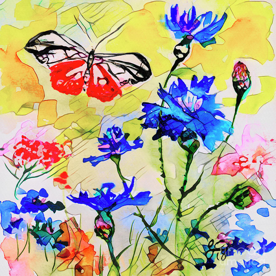 Modern Floral Art Butterfly Cornflowers Mixed Media by Ginette Callaway