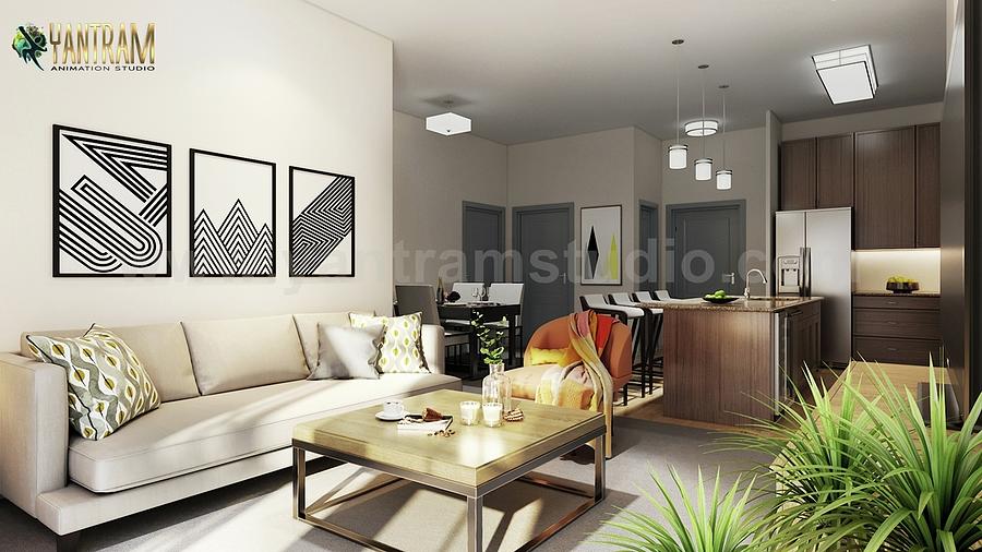 Modern Kitchen Living Room Digital Art by Yantram Architectural Design studio