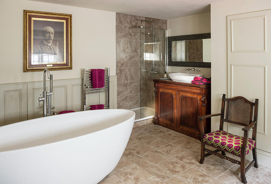 Modern, Oval Bathroom And Antique Furniture In Bathroom Photograph by Brian Harrison