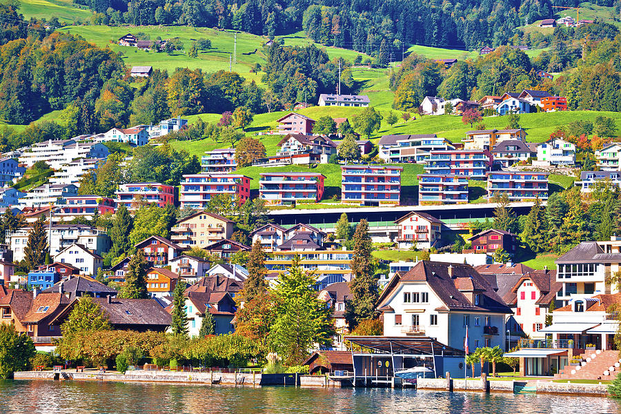 Modern Swiss lakeside village waterfront view Photograph by Brch ...