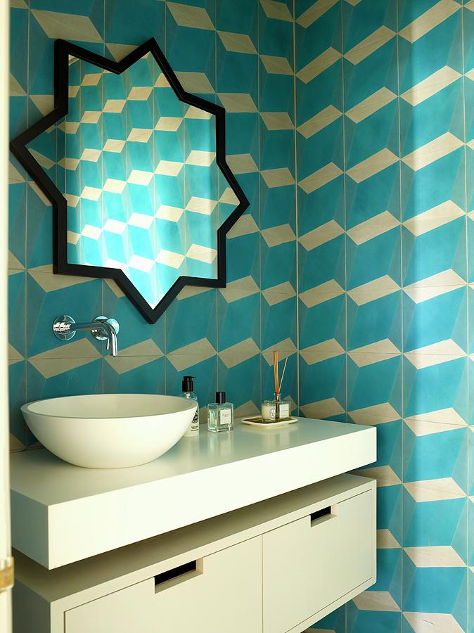 Modern Washstand With Countertop Basin Below Star-shaped Mirror On Tiled Wall With Blue And White 3d Pattern Photograph by Rachael Smith