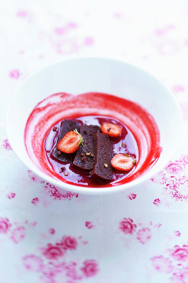 Moist Chocolate Cake And Strawberry Coulis With Sechuan Pepper Photograph by Chivoret