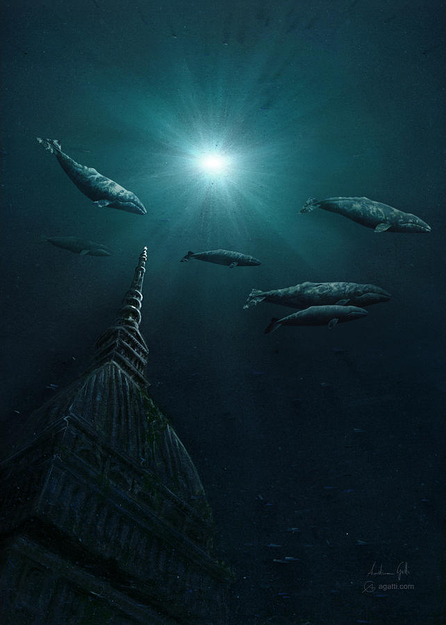 Mole Antonelliana whales Digital Art by Andrea Gatti