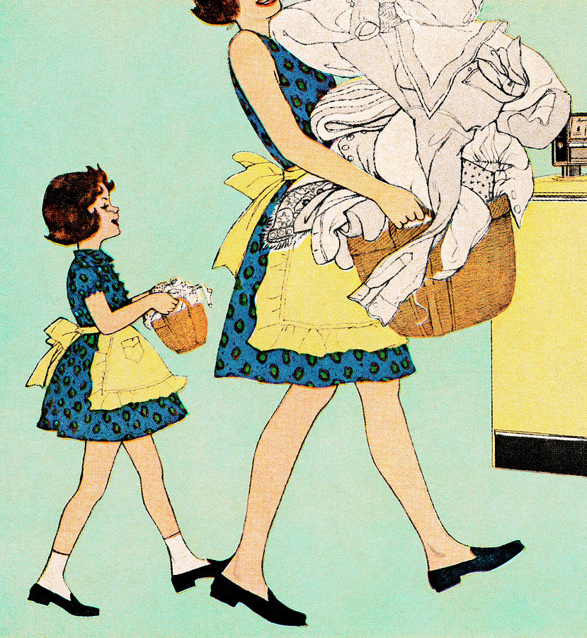 Vintage Drawing - Mom and Mini-Me Daughter Doing Laundry by CSA Images