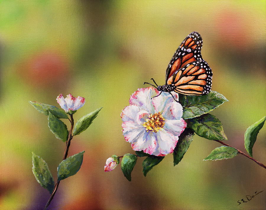 Flowers Still Life Painting - Monarch With Camellia by Sarah Davis