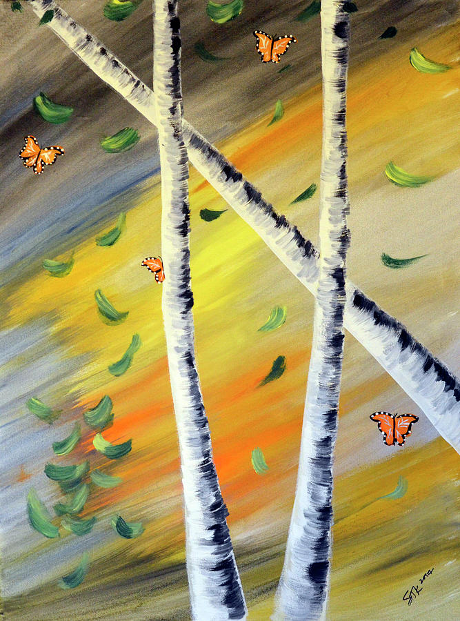 Butterfly Painting - Monarchs And Trees by Sarah Tiffany King