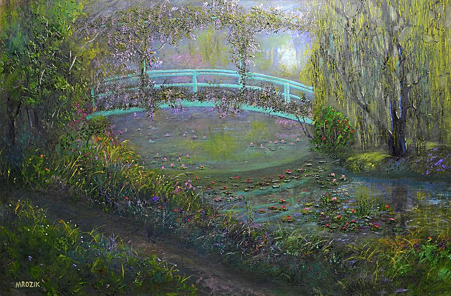 Monet Garden bridge Painting by Michael Mrozik