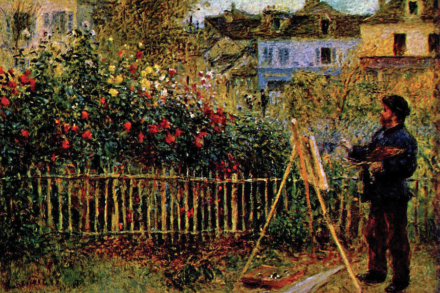 Monet painting in his garden in Argenteuil Painting by Claude Monet