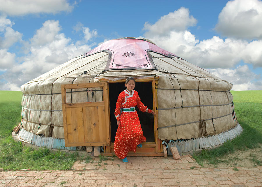 Mongolian Girl Stepping Out Of Her Yurt Nancy Brown 