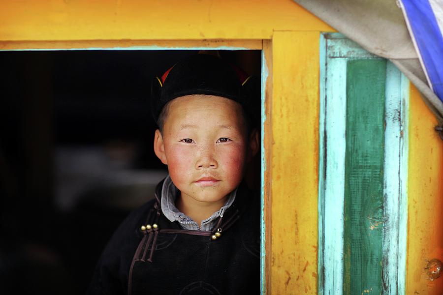 Mongolian Nomadic Young Boy Portrait Photograph by Timothy Allen