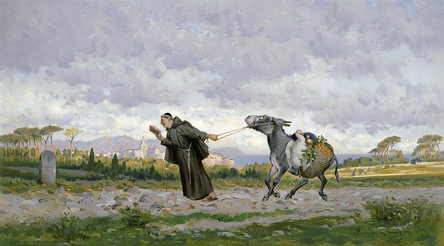 Monk And Donkey, 1878 Painting by Alfred Wordsworth Thompson
