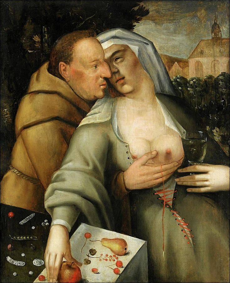 Netherlands Painting - Monk and nun embrace each other by Cornelis van Haarlem Netherlands Painting - Monk and nun embrace each other by Cornelis van Haarlem