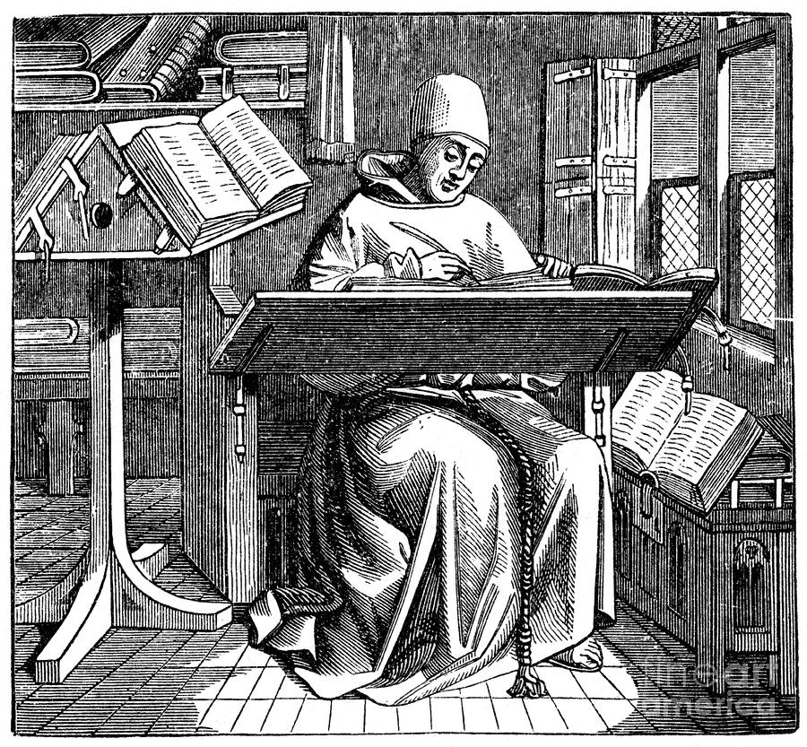 Monk At Work On A Manuscript Drawing by Print Collector