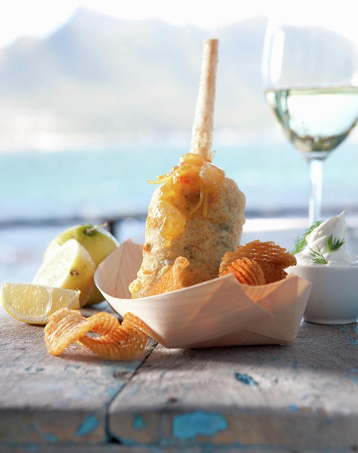 Monk Fish In Beer Batter With Potato Chips Photograph by Great Stock!