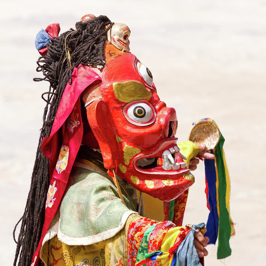 Monk in dharmapala mask performs a masked mystery cham dance of Tantric ...