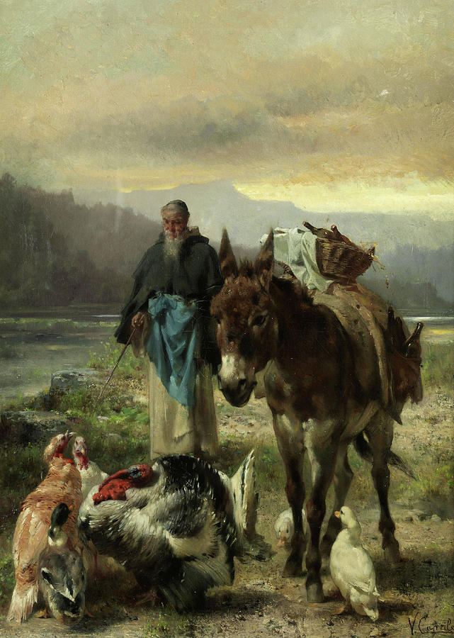 Landscape Painting - Monk with a Donkey at Home by Vincenzo Caprile