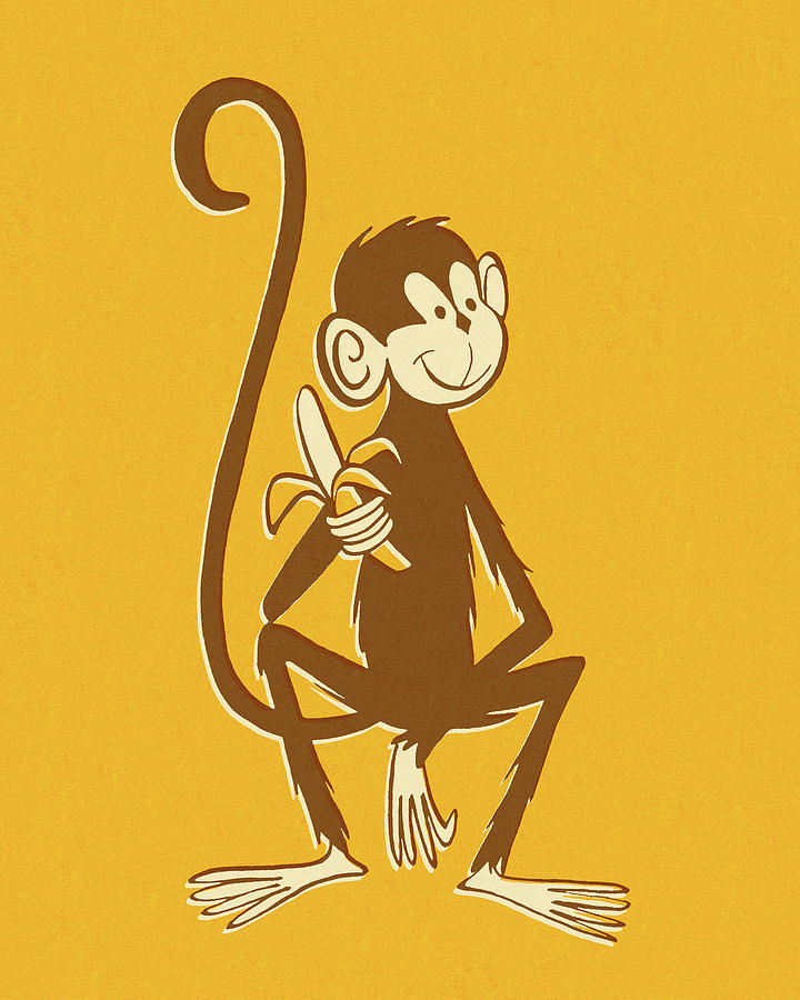 Vintage Drawing - Monkey Holding Banana by CSA Images
