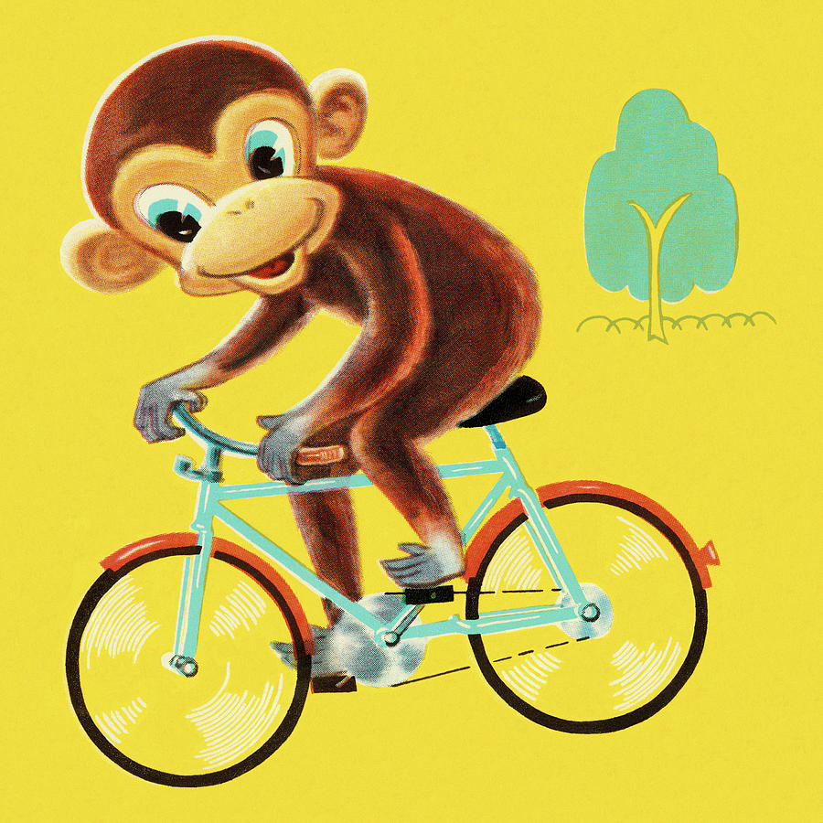 Vintage Drawing - Monkey Riding Bicycle by CSA Images