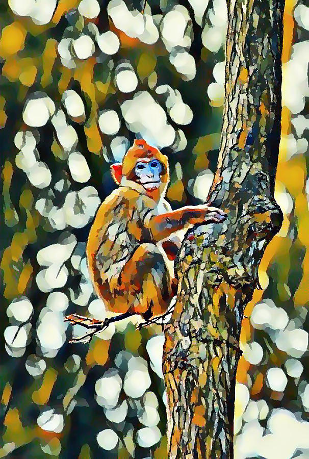 Monkey Sitting On Tree Trunk Painting by Jeelan Clark