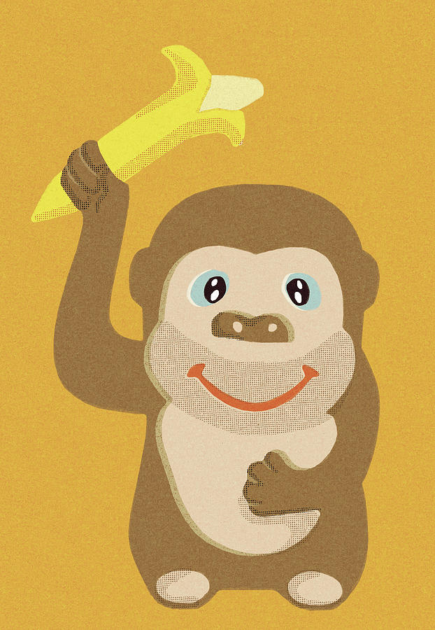 Vintage Drawing - Monkey with banana by CSA Images