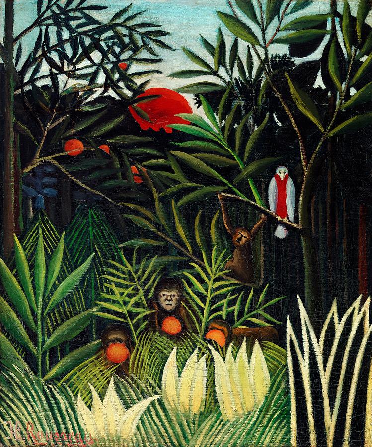 Henri Rousseau Drawing - Monkeys And Parrot In The Virgin Forest by Bill Waterson