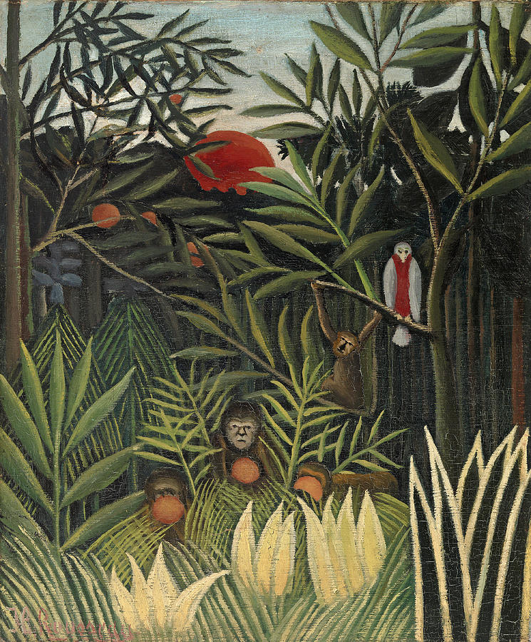 Monkeys and Parrot in the Virgin Forest  Painting by Henri Rousseau