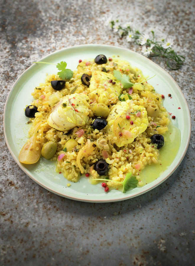 Monkfish Curry With Green And Black Olives And Bulgur Photograph by Hallet