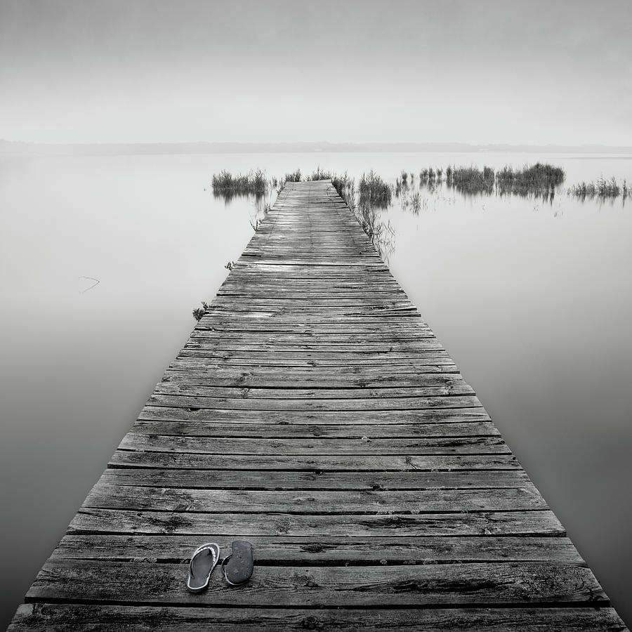 Black And White Photograph - Mono Jetty With Sandals by Billy Currie Photography