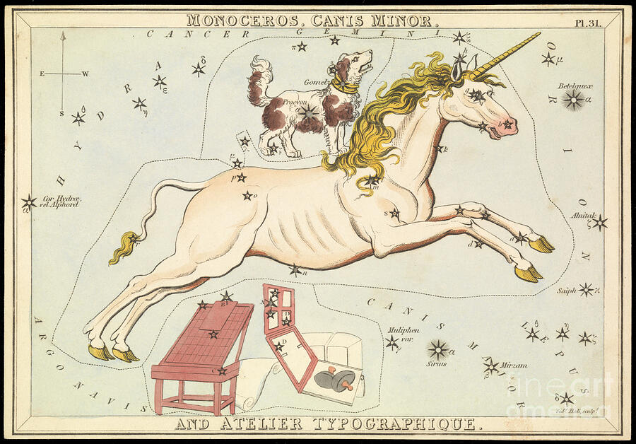 Monoceros, Canis Minor And Atelier Typographique, Circa 1825 Card, Paper, Tissue Mixed Media by Sydney Hall