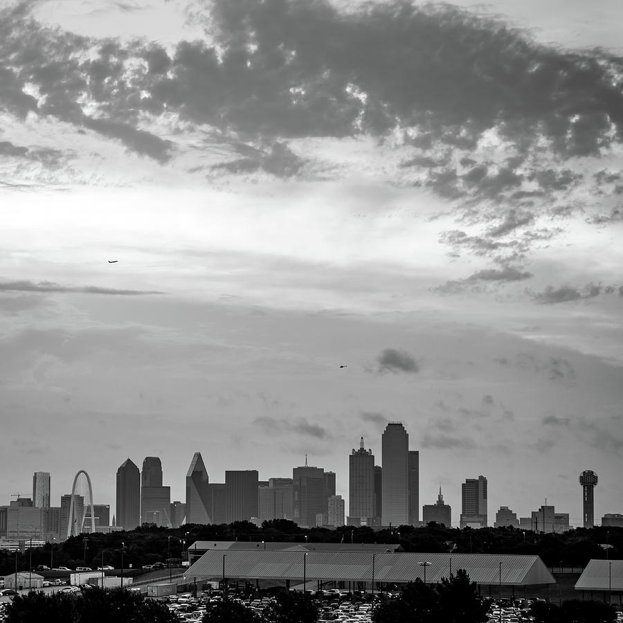 Monochrome Architecture of the Dallas Skyline - Square Format Photograph by Gregory Ballos