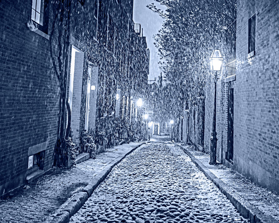 Monochrome Blue Nights Snowstorm on Acorn Street Boston MA Photograph by Toby McGuire