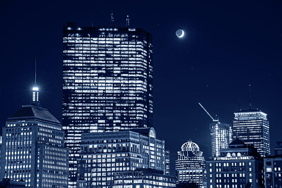 Monochrome Blue Nights The moon rising over Back Bay and the Boston Common Boston MA Photograph by Toby McGuire