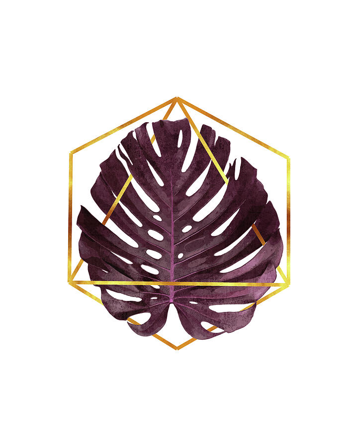 Monstera Mixed Media - Monstera Leaf Pattern 2 - Tropical Leaf Pattern - Purple - Gold Geometric Shape - Modern, Minimal by Studio Grafiikka