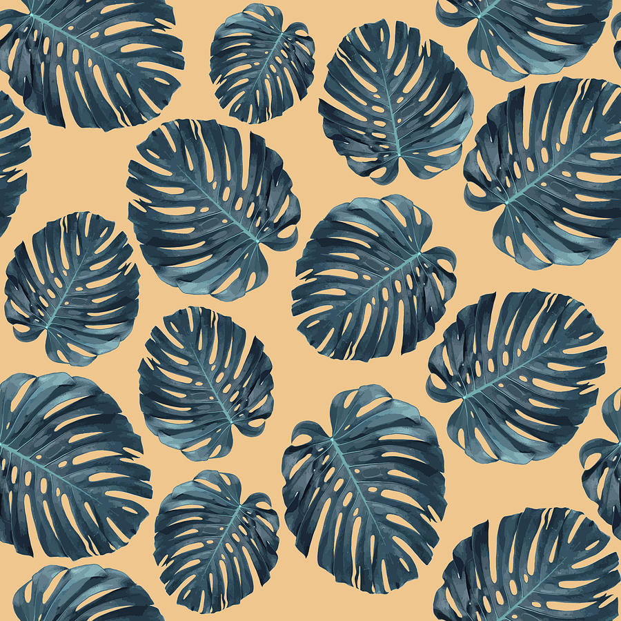 Monstera Mixed Media - Monstera Leaf Pattern - Tropical Leaf Pattern - Blue, Peach - Tropical, Botanical - Modern, Minimal by Studio Grafiikka
