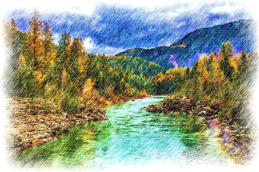Montana Mountains Stream A Colored Pencil Sketch Photograph