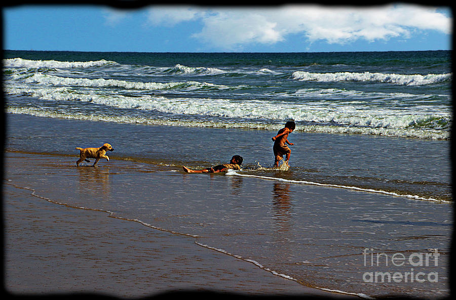 Montanita Kids, Puppy, and Ocean Photograph by Al Bourassa