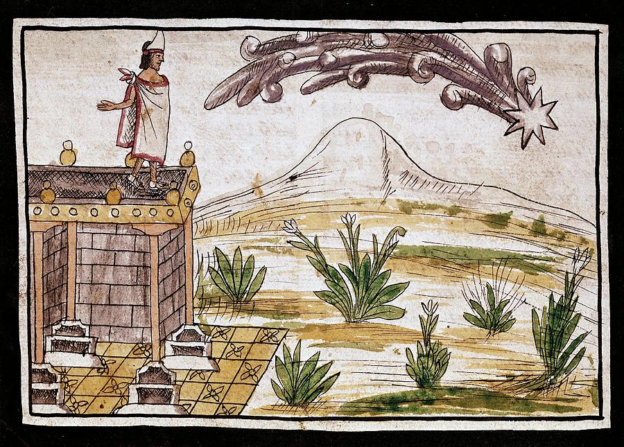 Montezuma observing the comet, miniature from the History of the Indies by Diego Duran, 1579. Drawing by Diego Duran -1537-1588-