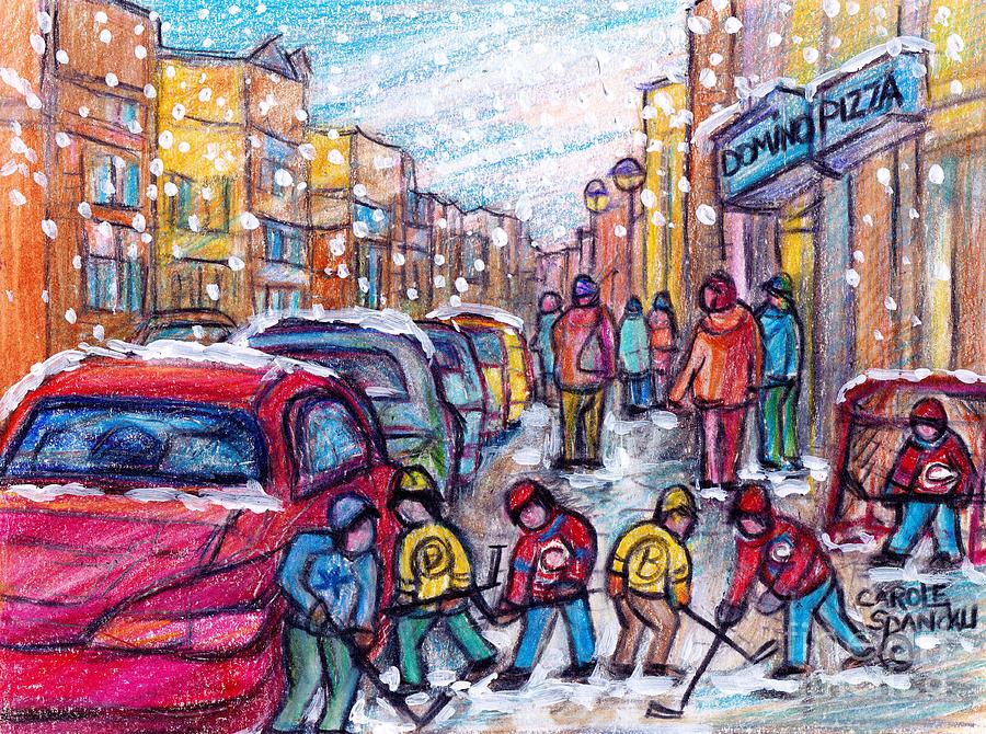 Montreal Art Snowy Winter Scene Painting Domino Pizza Rue Wellington Verdun C Spandau Hockey Artist  Painting by Carole Spandau