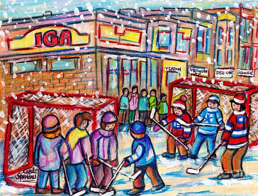 Montreal Art Snowy Winter Scene Painting Iga Rue Wellington Verdun Kids Hockey Day C Spandau Artist Painting by Carole Spandau
