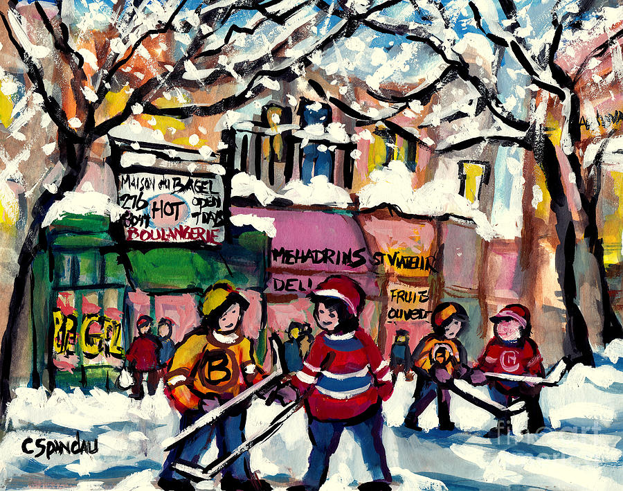 Montreal Art Winterscene Street Hockey Art St Viateur Bagel Falling Snow C Spandau Canadian Artist   Painting by Carole Spandau