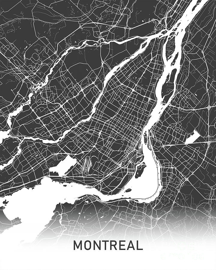 Montreal map black and white Digital Art by Delphimages Map Creations
