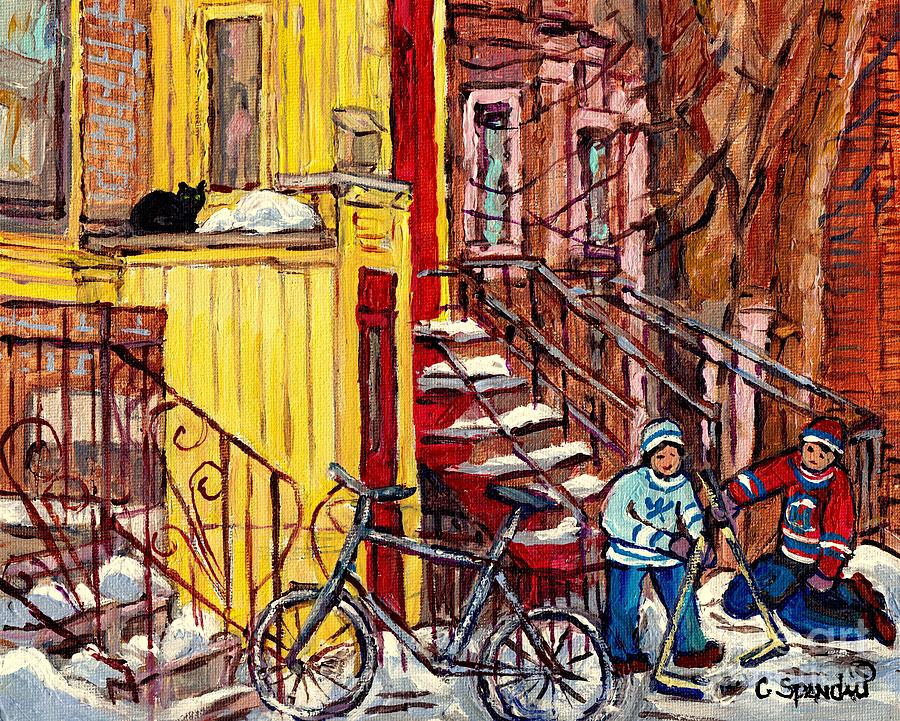 Montreal Staircase Paintings Black Cat Yellow House Red Door Red Steps Hockey Art  C Spandau Quebec Painting by Carole Spandau