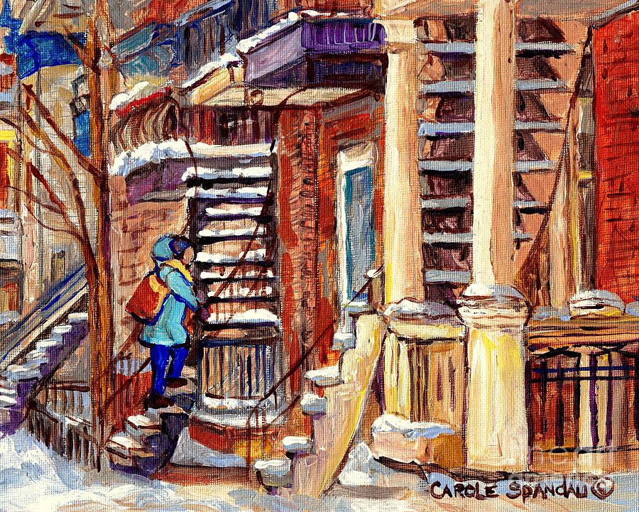Montreal Staircase Scene Girl With Blue Jacket Canadian Winter Steps C Spandau Plateau To Verdun     Painting by Carole Spandau