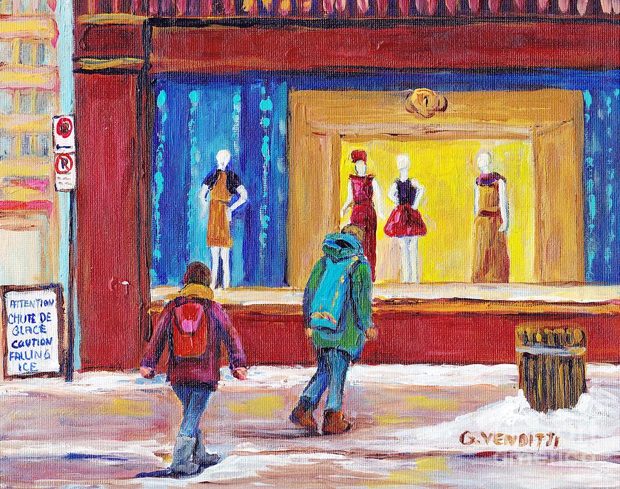 Montreal Winter Scene December Day Passing By La Baie  Store Window Street Scene Painting G Venditti Painting by Grace Venditti