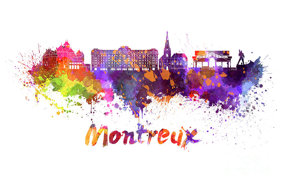 Montreux skyline in watercolor splatters  Painting by Pablo Romero