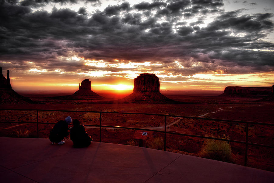 Desert Photograph - Monument Valley A Coupling Enjoying The Sunrise On The Vista 01 by Thomas Woolworth